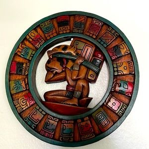 Carved Wood Panel Wall Decor Mayan Calendar Aztec Art Mexican Hanging